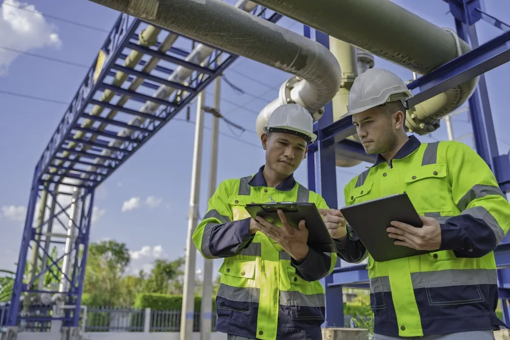 Industry,Specialists,Inspect,Massive,Piping,At,A,Gas-fired,Power,Plant